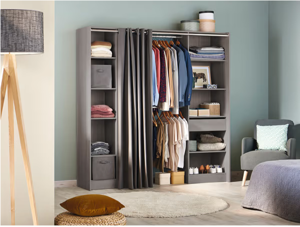🇷🇴 Kit dressing modular – finisaj stejar gri, cu perdea și rafturi reglabile